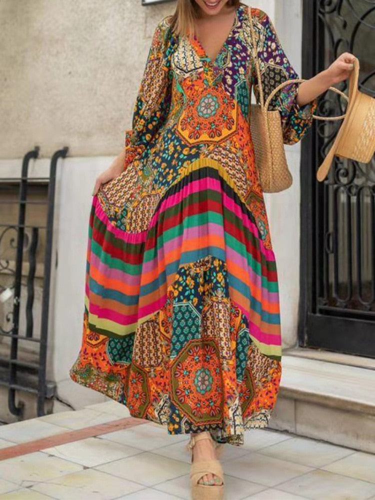 Retro Ethnic Print Dress new Spring And Summer Half-sleeve Casual Dress Ladies Sexy V-neck Stitching Pleated Drape Maxi Dress - Amazhona 