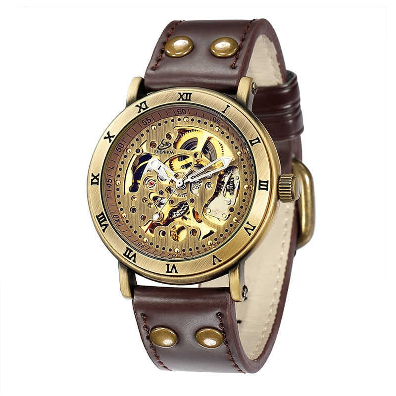 Retro Style Men Automatic Mechanical Watch Skeleton Steampunk Genuine Leather Band Mens Self Winding Wrist Watches Men Reloj - Amazhona 