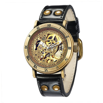 Retro Style Men Automatic Mechanical Watch Skeleton Steampunk Genuine Leather Band Mens Self Winding Wrist Watches Men Reloj - Amazhona 