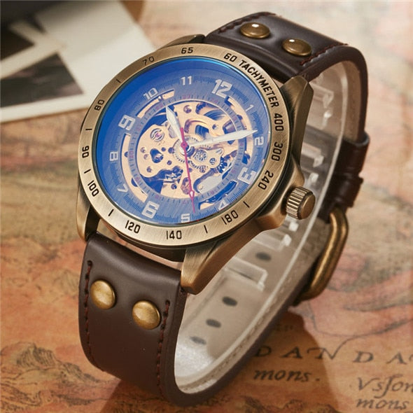 Retro Style Men Automatic Mechanical Watch Skeleton Steampunk Genuine Leather Band Mens Self Winding Wrist Watches Men Reloj - Amazhona 