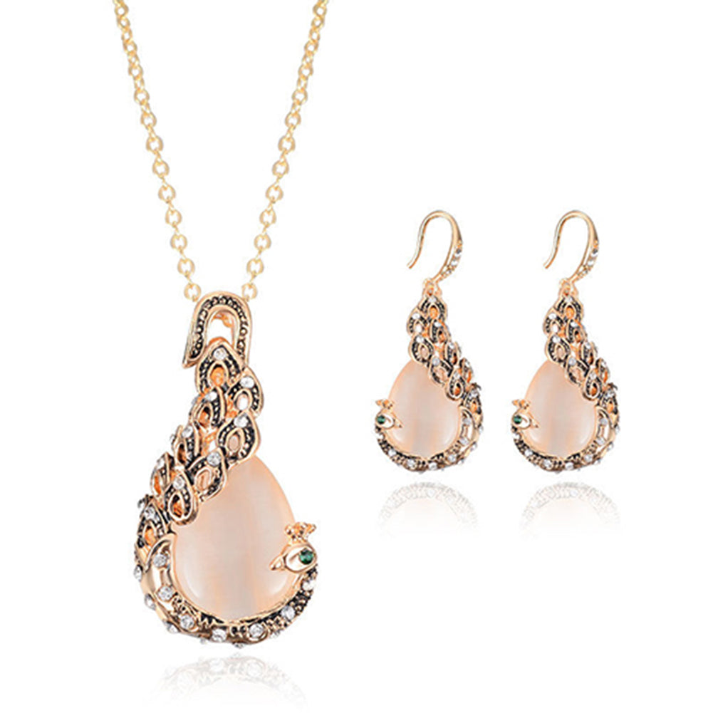 Retro Water Drop Necklace And Earrings Two-piece Set With Diamonds - Amazhona 