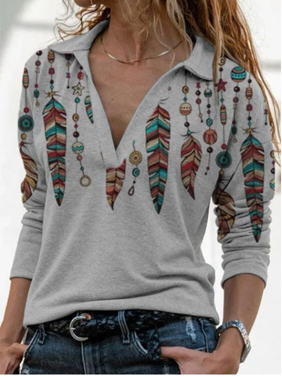 Retro long-sleeved printed V-neck shirt sweater - Amazhona 