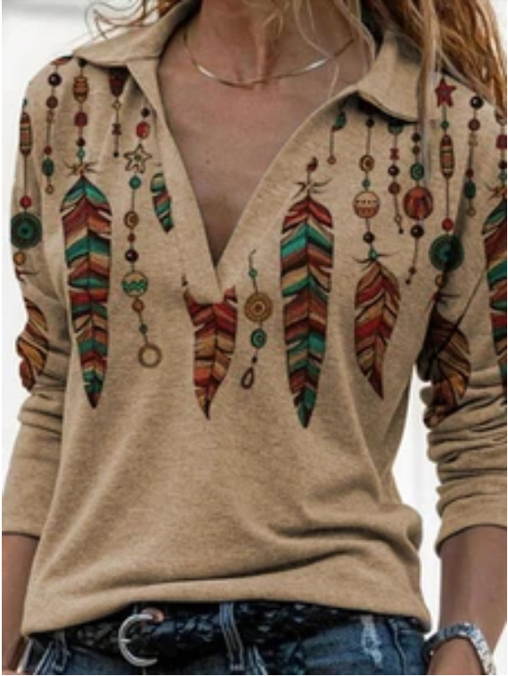 Retro long-sleeved printed V-neck shirt sweater - Amazhona 