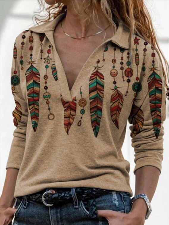 Retro long-sleeved printed V-neck shirt sweater - Amazhona 