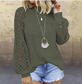 Round Collar Long Sleeves Lace Stitching Blouse Woman - Amazhona 