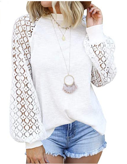 Round Collar Long Sleeves Lace Stitching Blouse Woman - Amazhona 