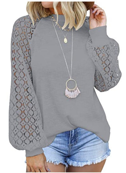 Round Collar Long Sleeves Lace Stitching Blouse Woman - Amazhona 