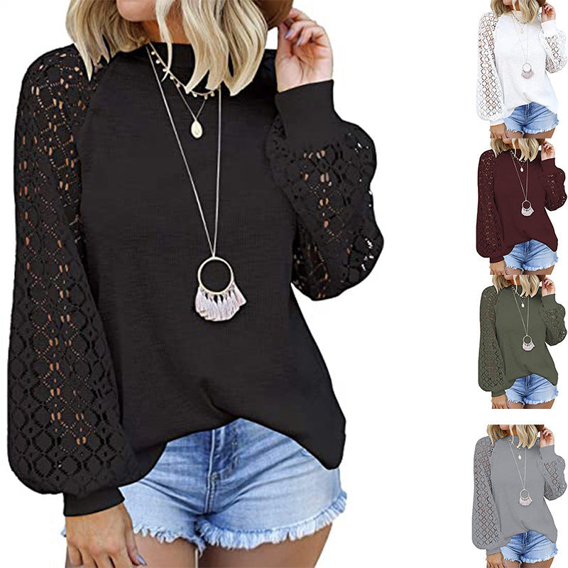 Round Collar Long Sleeves Lace Stitching Blouse Woman - Amazhona 