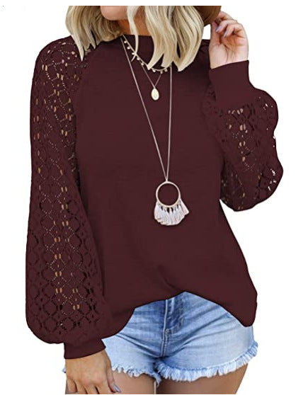 Round Collar Long Sleeves Lace Stitching Blouse Woman - Amazhona 