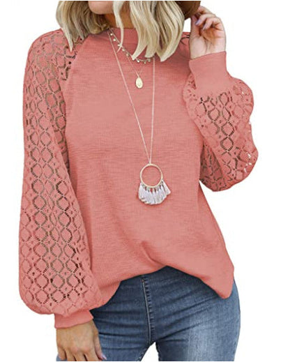 Round Collar Long Sleeves Lace Stitching Blouse Woman - Amazhona 