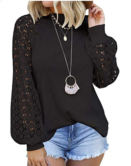 Round Collar Long Sleeves Lace Stitching Blouse Woman - Amazhona 