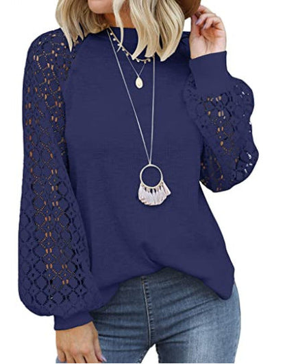 Round Collar Long Sleeves Lace Stitching Blouse Woman - Amazhona 