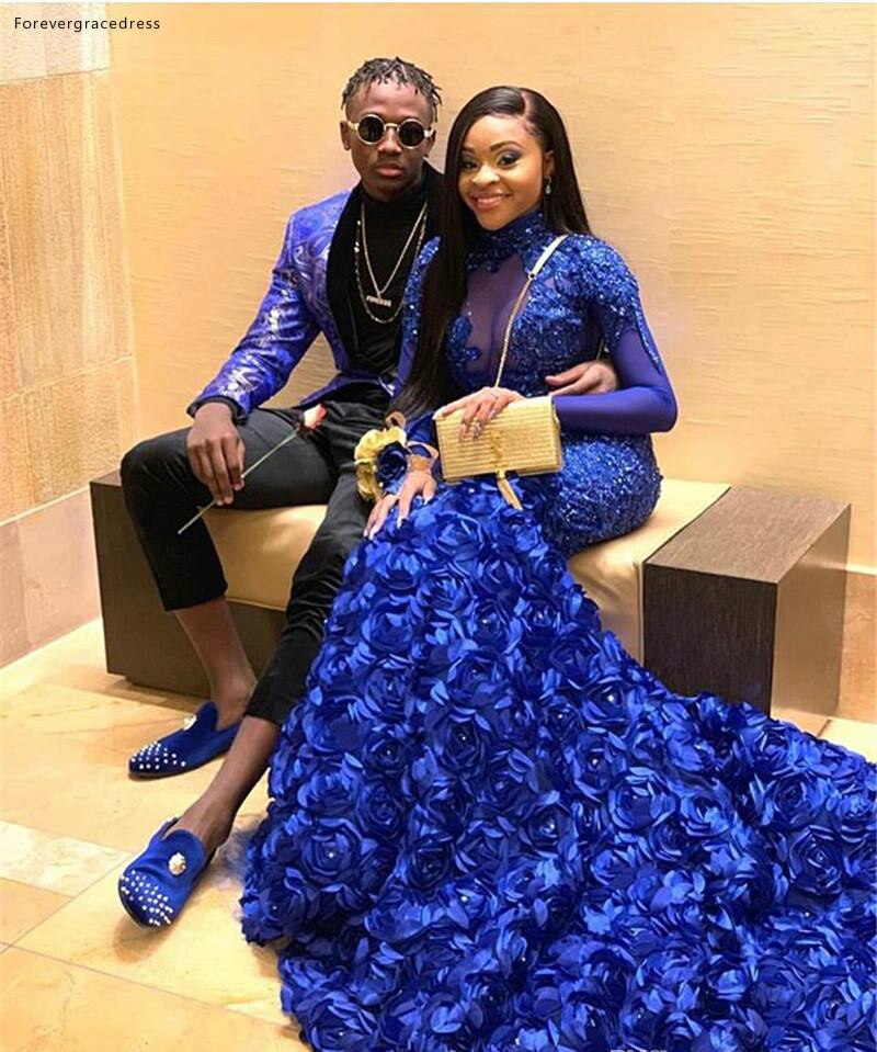 Royal Blue Prom Dresses Mermaid Long Sleeve Appliques Formal Pageant Holidays Wear Graduation Evening Party Gowns - Amazhona 