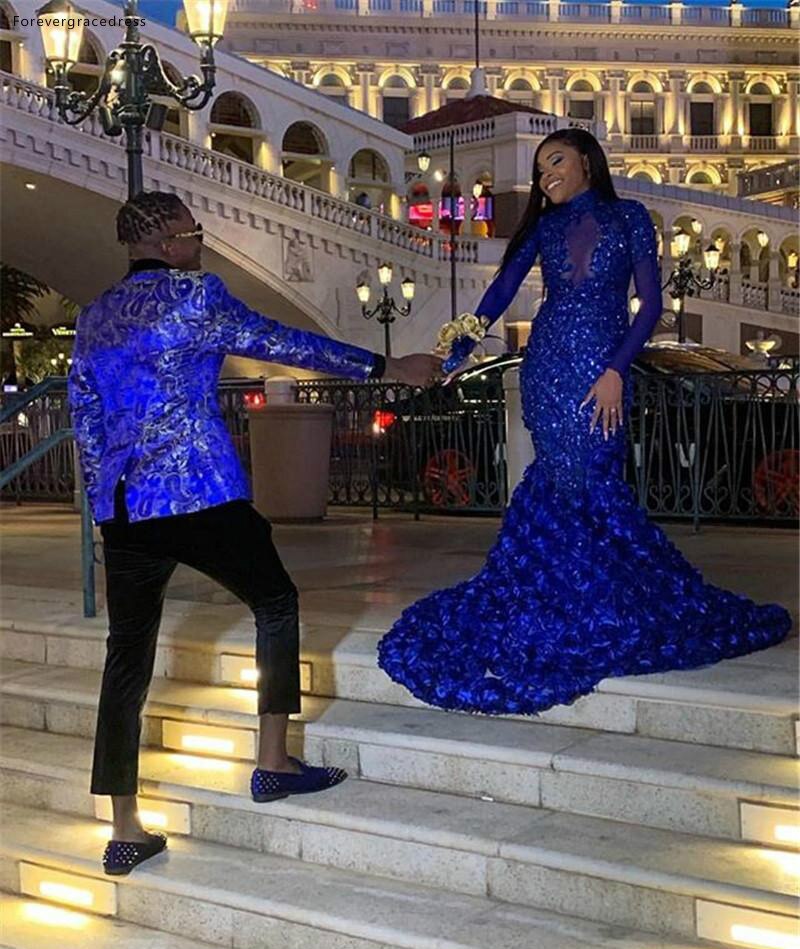 Royal Blue Prom Dresses Mermaid Long Sleeve Appliques Formal Pageant Holidays Wear Graduation Evening Party Gowns - Amazhona 