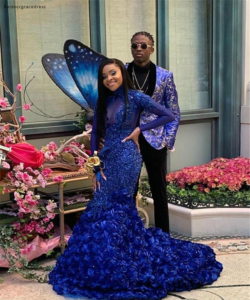 Royal Blue Prom Dresses Mermaid Long Sleeve Appliques Formal Pageant Holidays Wear Graduation Evening Party Gowns - Amazhona 