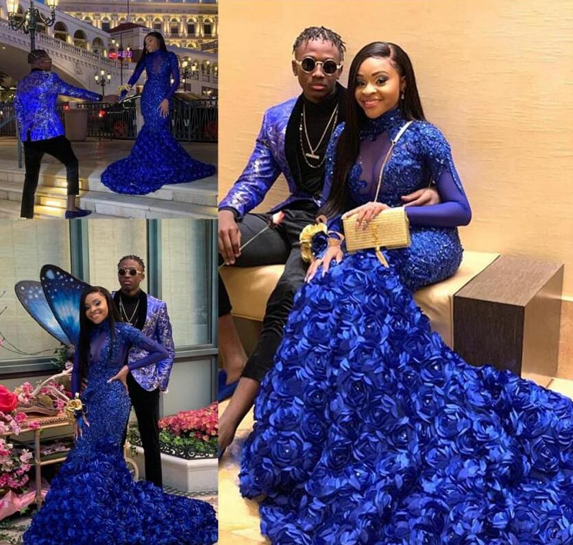 Royal Blue Prom Dresses Mermaid Long Sleeve Appliques Formal Pageant Holidays Wear Graduation Evening Party Gowns - Amazhona 