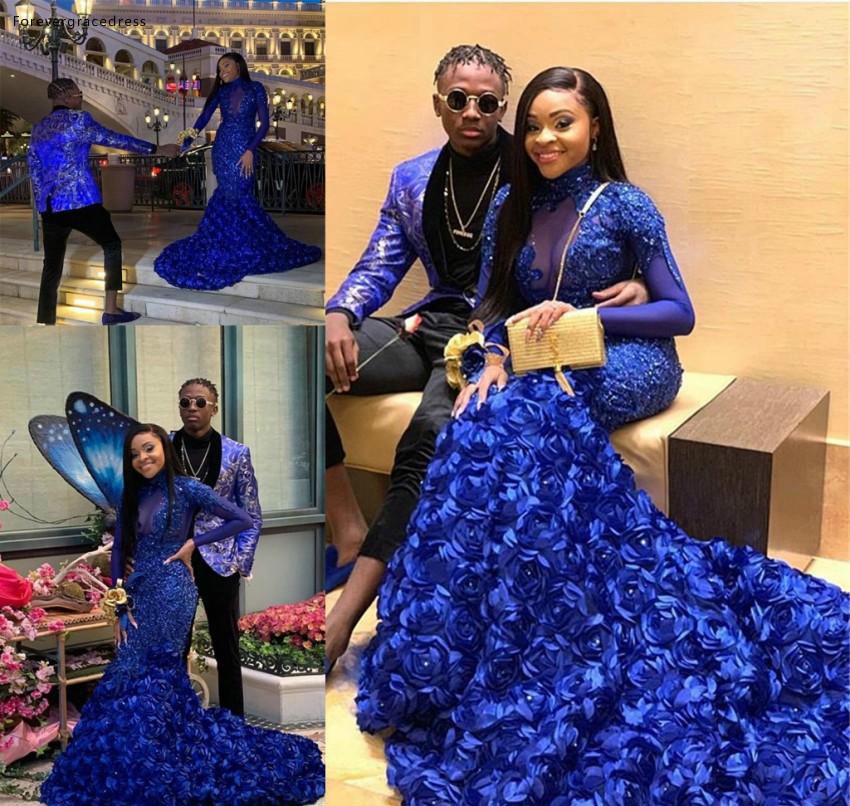 Royal Blue Prom Dresses Mermaid Long Sleeve Appliques Formal Pageant Holidays Wear Graduation Evening Party Gowns - Amazhona 