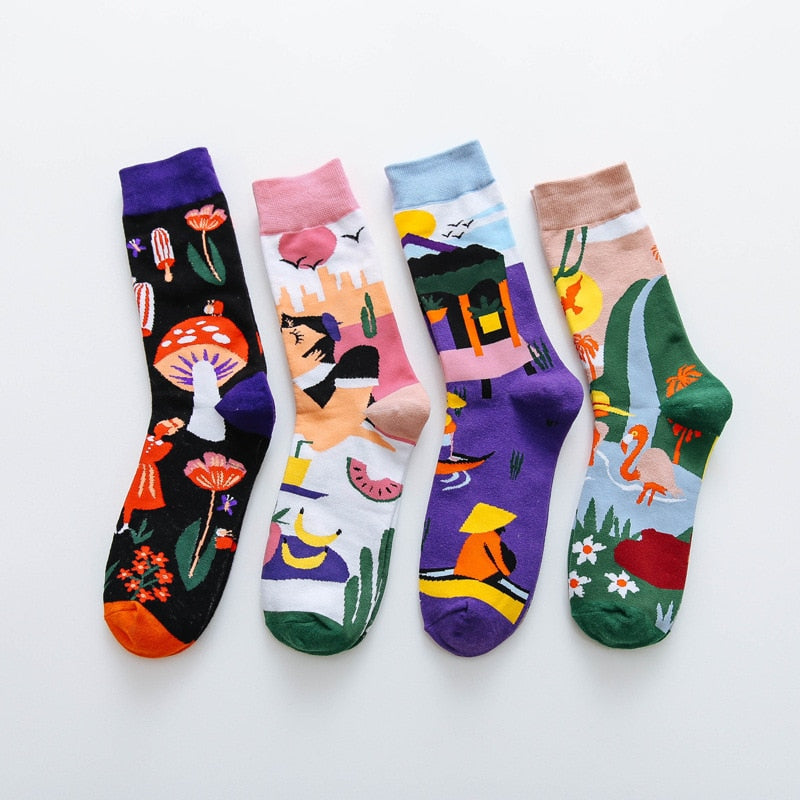 Occident Fashion Colorful Print Socks Women with Mushroom Spring Woman Socks Cotton Calcetines Mujer Meias 010202 - Amazhona 