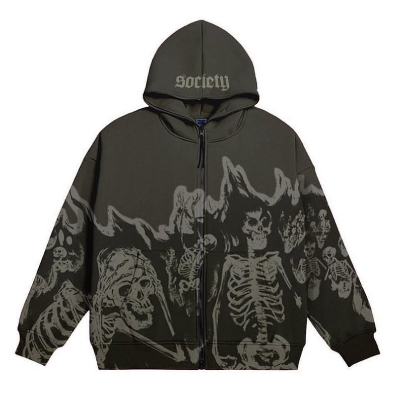 Men Anime Skull Hoodies Women Vintage Gothic Zip Up Long Sleeve Streetwear Loose Coats Harajuku Letter Print Hooded Sweatshirts - Amazhona 