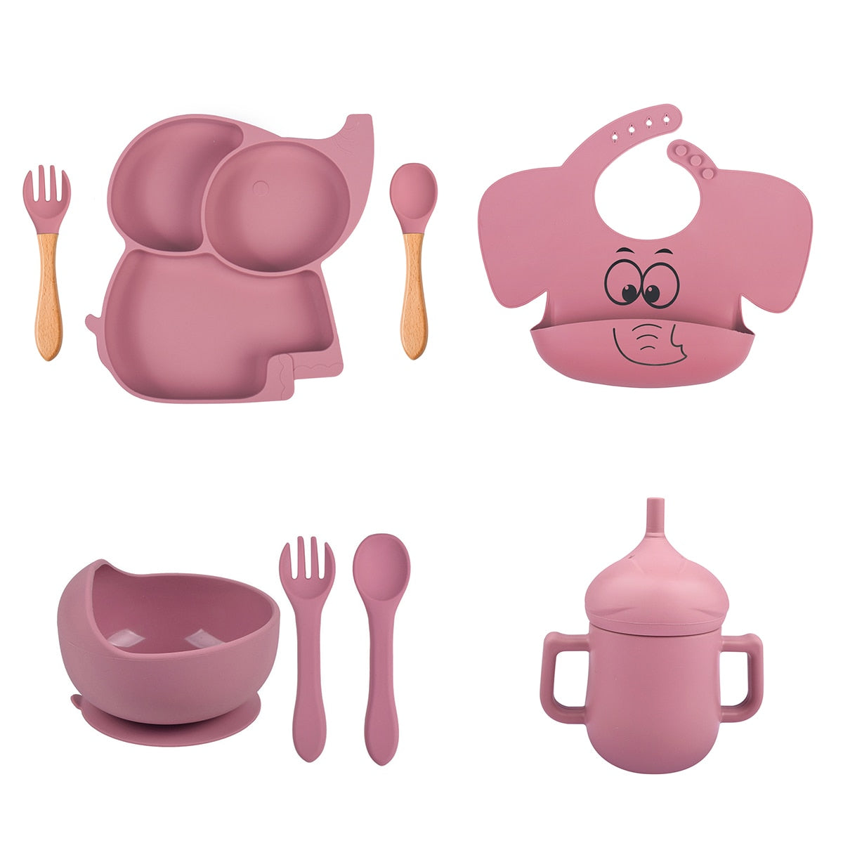 3/6/8 PCS Baby Soft Silicone Sucker Plate Elephant Printed Bibs Non-slip Tableware Bowl Children's Feeding Dishes Sets BPA Free - Amazhona 