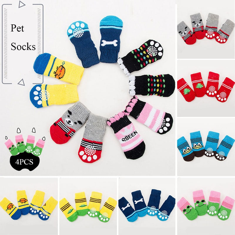 4pcs/set Pet Dog Winter Anti-Slip Socks Knit Warm Socks for Cat Dogs Chihuahua Thick Paw Protector Dog Socks Booties Accessories - Amazhona 