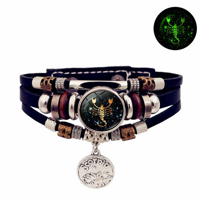 Luminous 12 Constellation Vintage Bracelet for Men Women Braided Punk Leather Bracelets Birthday Gift Glow In The Dark Bracelet - Amazhona 