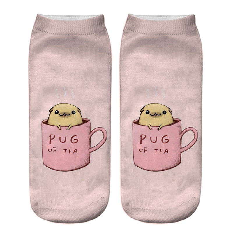 Funny Kawaii 3D Pug Dog Print Short Socks Cotton Fashion Harajuku Hip Hop Cute Japanese Fashion Soft Women Animal Slippers Socks - Amazhona 