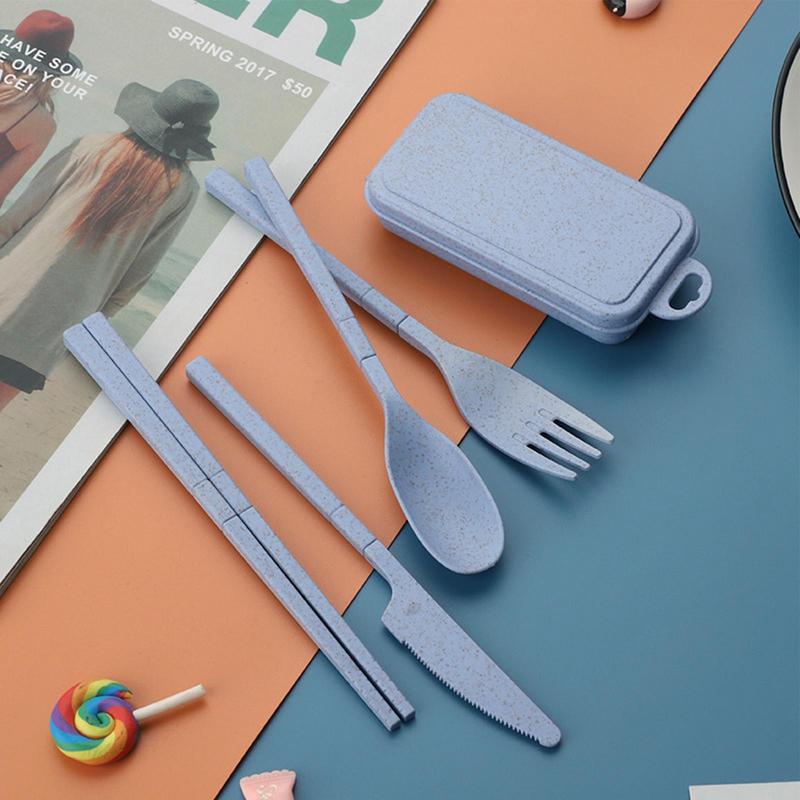 4pcs Wheat Straws Dinnerware Set Portable Tableware Cutter Fork Spoon Chopsticks Set Travel Cutlery Set Kitchen Utensil Box - Amazhona 