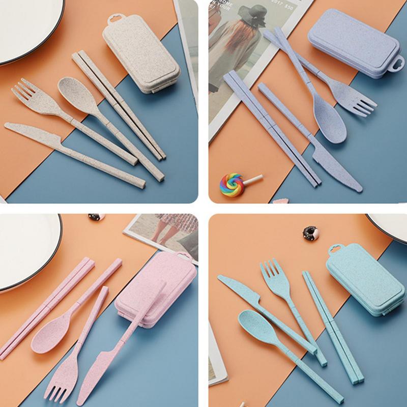 4pcs Wheat Straws Dinnerware Set Portable Tableware Cutter Fork Spoon Chopsticks Set Travel Cutlery Set Kitchen Utensil Box - Amazhona 