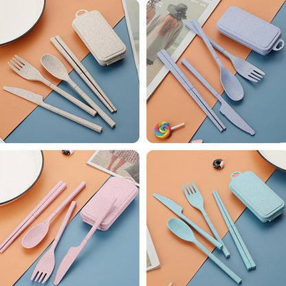 4pcs Wheat Straws Dinnerware Set Portable Tableware Cutter Fork Spoon Chopsticks Set Travel Cutlery Set Kitchen Utensil Box - Amazhona 