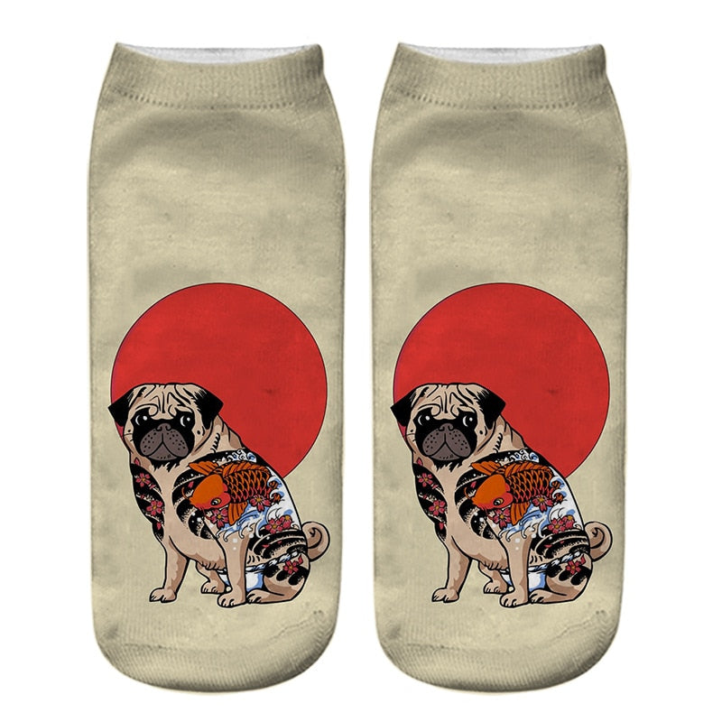 Funny Kawaii 3D Pug Dog Print Short Socks Cotton Fashion Harajuku Hip Hop Cute Japanese Fashion Soft Women Animal Slippers Socks - Amazhona 