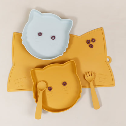 Mommielife Portable Baby Feeding Sets  Silicone Baby Feeding Plate Cartoon Cat Baby Learning Suction Dishes Set For kids - Amazhona 