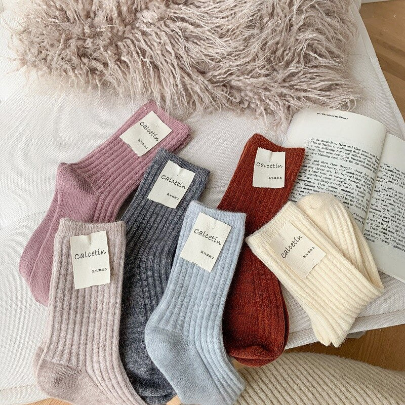 Winter Thicker Cashmere Wool Women Socks Casual Japanese Fashion Soild Color Long Sock Girl Thermal Sports Socks Warm Crew Sock - Amazhona 