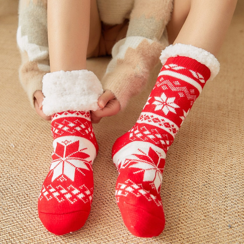 Christmas Fuzzy Socks Womens Winter Thermal Warm Floor Sock Soft Female Home Indoor Gifts Non Slip Grip Slipper Sock Fluffy - Amazhona 