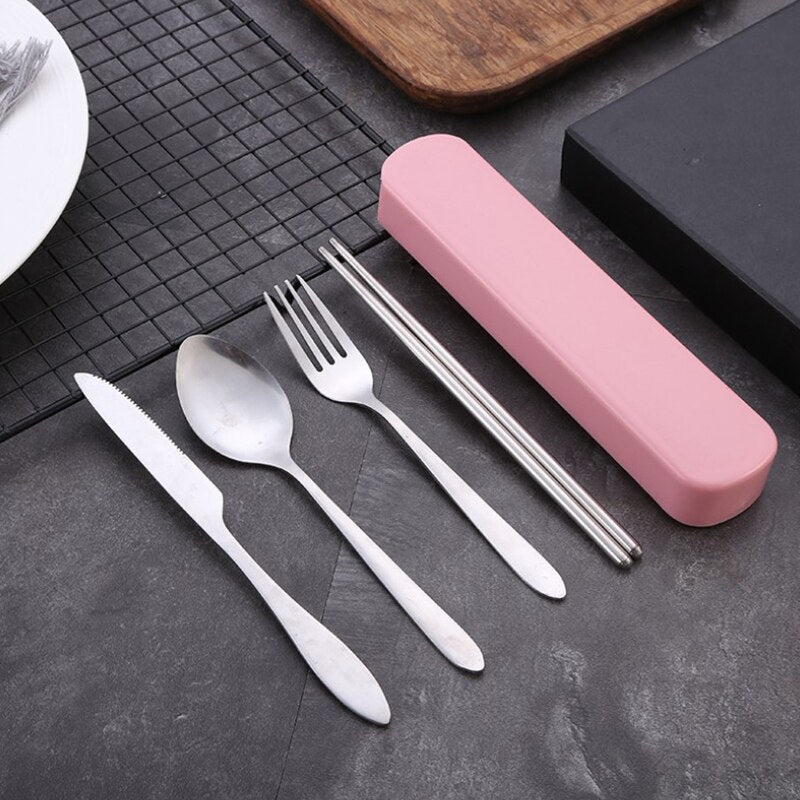 4Pcs/Set Travel Camping Cutlery Set Portable Tableware Stainless Steel Chopsticks Spoon Fork Steak Knife with Storage Case - Amazhona 