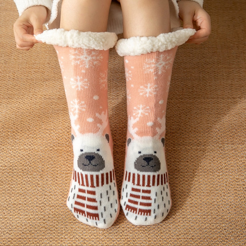 Christmas Fuzzy Socks Womens Winter Thermal Warm Floor Sock Soft Female Home Indoor Gifts Non Slip Grip Slipper Sock Fluffy - Amazhona 