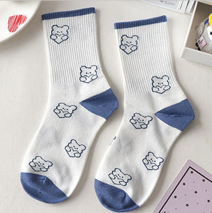 Japan Harajuku style cartoon creative striped checkered bear socks kawaii print funny girl socks fashion skateboard woman socks - Amazhona 