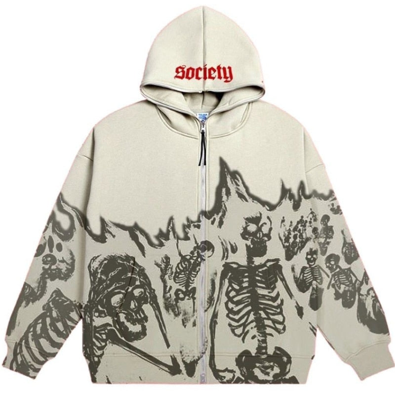 Men Anime Skull Hoodies Women Vintage Gothic Zip Up Long Sleeve Streetwear Loose Coats Harajuku Letter Print Hooded Sweatshirts - Amazhona 