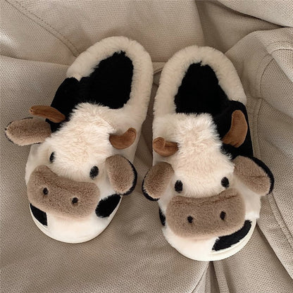 Upgrate Cute Animal Slipper For Women Girls Kawaii Fluffy Winter Warm Slippers Woman Cartoon Milk Cow House Slippers Funny Shoes - Amazhona 