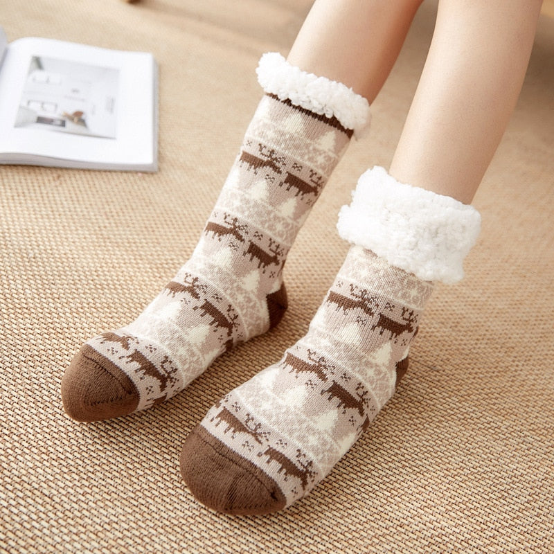 Christmas Fuzzy Socks Womens Winter Thermal Warm Floor Sock Soft Female Home Indoor Gifts Non Slip Grip Slipper Sock Fluffy - Amazhona 