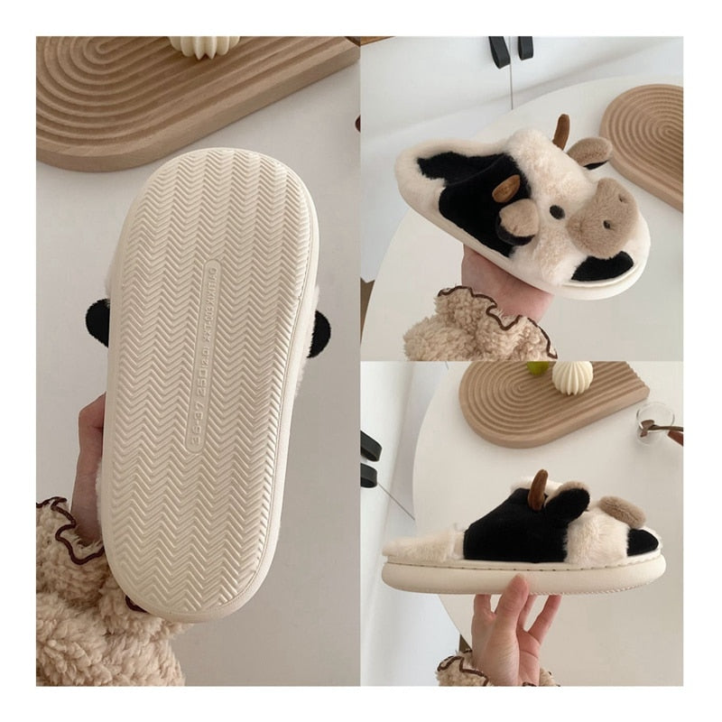 Upgrate Cute Animal Slipper For Women Girls Kawaii Fluffy Winter Warm Slippers Woman Cartoon Milk Cow House Slippers Funny Shoes - Amazhona 