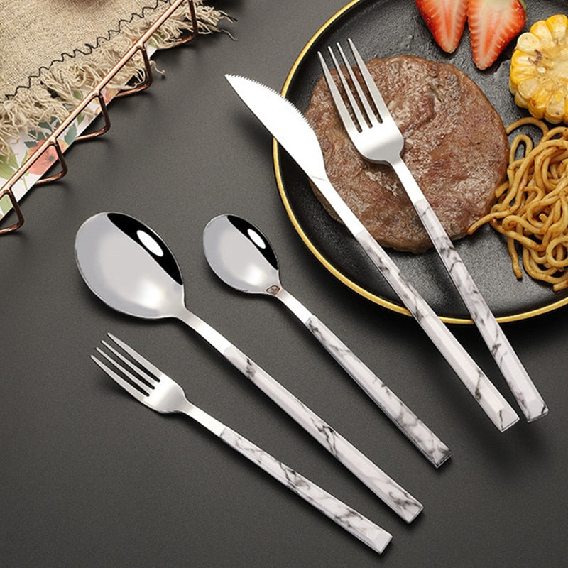 Stainless Steel Cutlery Set Western Portable Spoon Fork Knife Teaspoon Marble Handle Dinnerware Tableware Kitchen Utensils - Amazhona 