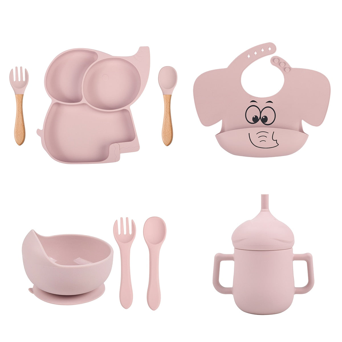 3/6/8 PCS Baby Soft Silicone Sucker Plate Elephant Printed Bibs Non-slip Tableware Bowl Children's Feeding Dishes Sets BPA Free - Amazhona 