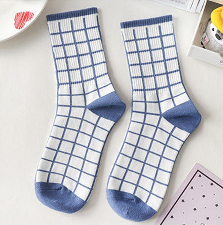 Japan Harajuku style cartoon creative striped checkered bear socks kawaii print funny girl socks fashion skateboard woman socks - Amazhona 