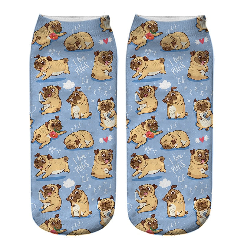 Funny Kawaii 3D Pug Dog Print Short Socks Cotton Fashion Harajuku Hip Hop Cute Japanese Fashion Soft Women Animal Slippers Socks - Amazhona 