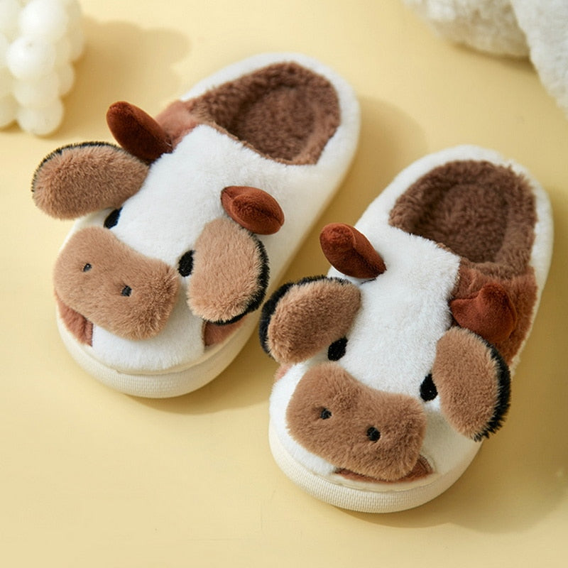 Upgrate Cute Animal Slipper For Women Girls Kawaii Fluffy Winter Warm Slippers Woman Cartoon Milk Cow House Slippers Funny Shoes - Amazhona 