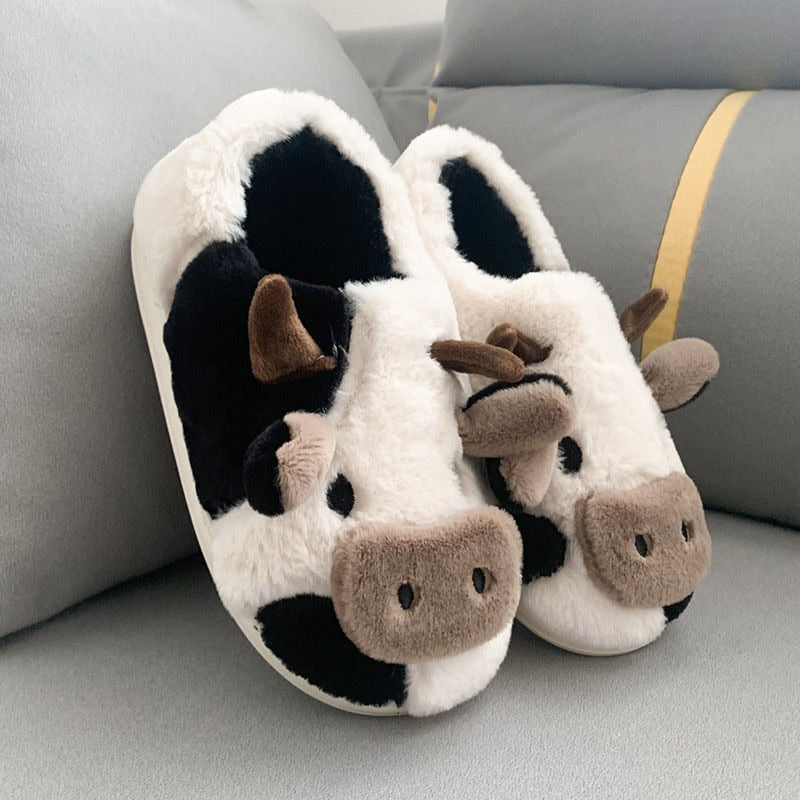 Upgrate Cute Animal Slipper For Women Girls Kawaii Fluffy Winter Warm Slippers Woman Cartoon Milk Cow House Slippers Funny Shoes - Amazhona 