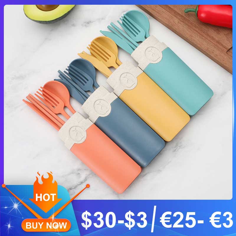 Portable Reusable Spoon Fork Chopsticks Knife Wheat Straw Tableware Cutlery Set Travel Picnic Camping Dinnerware Kits - Amazhona 