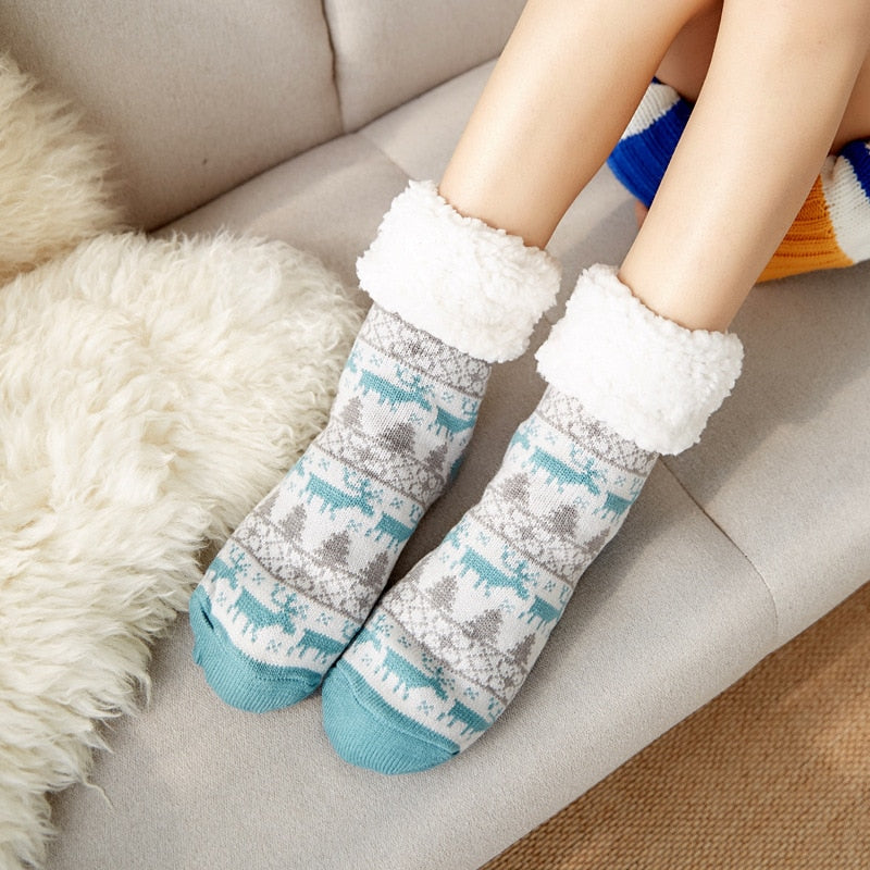 Christmas Fuzzy Socks Womens Winter Thermal Warm Floor Sock Soft Female Home Indoor Gifts Non Slip Grip Slipper Sock Fluffy - Amazhona 