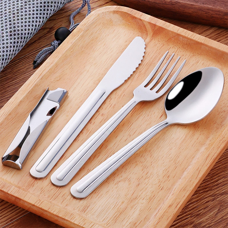 4-in-1 Portable stainless steel Cutlery Set silverware Camping Spoon Fork Knife and Can/Bottle Opener Military Camping Utensils - Amazhona 